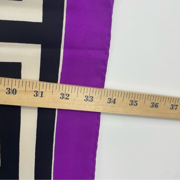 Norman Norell Wide Greek Key Silk Scarf purple black white geometric  34x33.5” - Picture 7 of 7